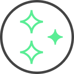 Three green sparkling stars inside a black circular outline.